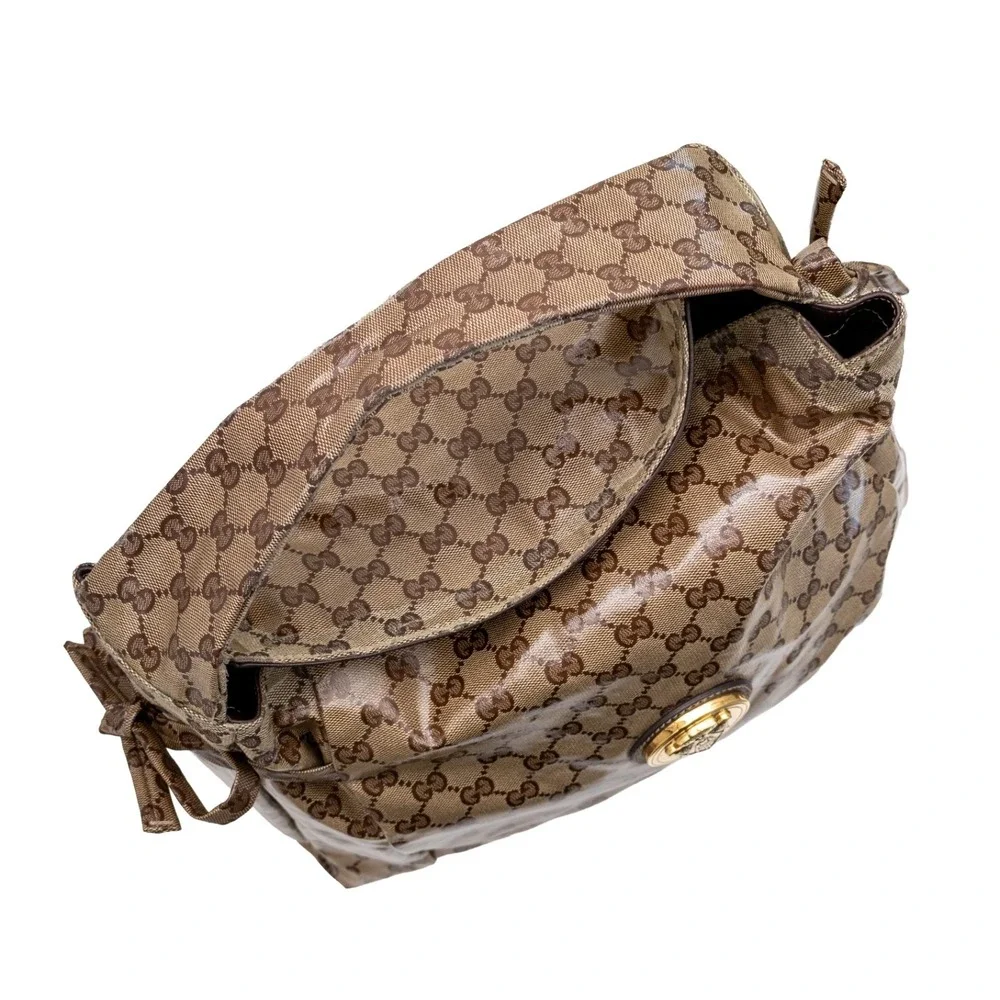 Authentic Gucci Monogram Crystal Canvas Hysteria Hobo Shoulder Bag Brown